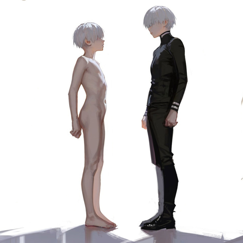 2boys arms_at_sides black_footwear black_pants black_shirt black_shorts clothed_male_nude_male completely_nude facing_another from_side full_body highres kaneki_ken long_sleeves male_focus multiple_boys navel nude pants shirt short_hair shorts standing timruya tokyo_ghoul white_background white_hair