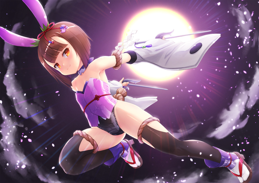 1girl animal_ears armpits arms_up bare_shoulders black_leotard black_thighhighs breasts brown_eyes brown_hair choker cloud commission detached_sleeves fake_animal_ears flower_knight_girl full_moon hagi_(flower_knight_girl) highres jumping leotard moon moonlight nakaishow night night_sky outdoors outstretched_arms playboy_bunny rabbit_ears sandals short_hair skeb_commission sky small_breasts smile socks solo star_(sky) starry_sky tabi thighhighs thighs weapon weapon_request white_sleeves white_socks