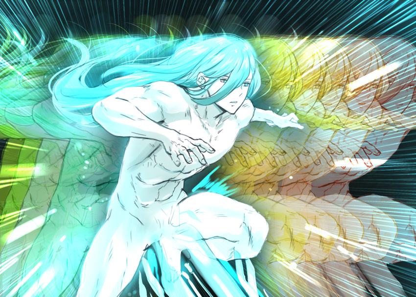 1boy ainchase_ishmael black_background blue_eyes blue_hair completely_nude elsword expressionless highres knee_up long_hair male_focus motion_lines muscular muscular_male nude parted_lips pinkmarine rainbow_order refraction richter_(elsword) solo sword very_long_hair weapon