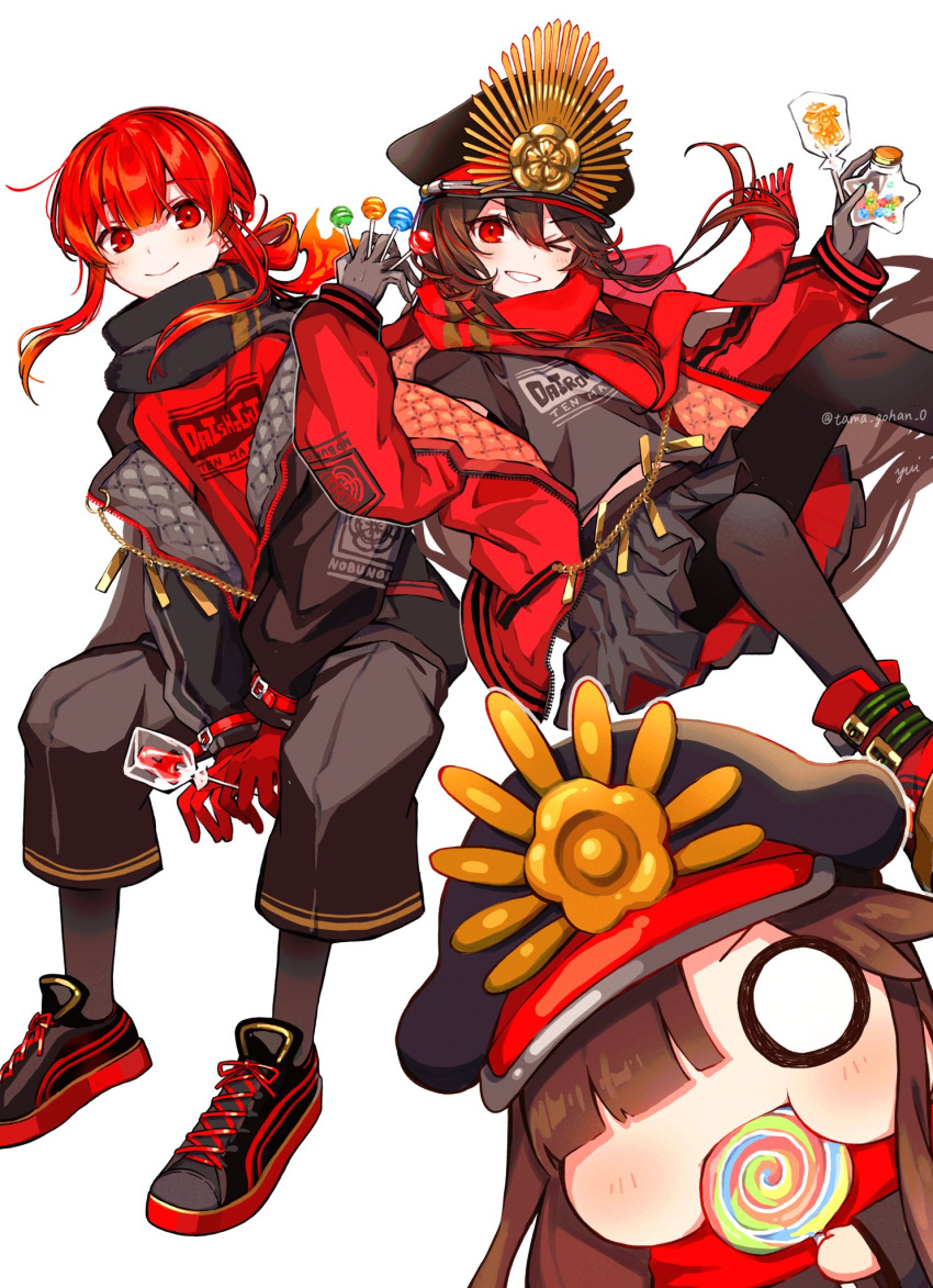 1boy 1girl black_footwear black_gloves black_hair black_pants black_scarf black_shirt black_skirt brother_and_sister candy family_crest fate/grand_order fate_(series) fiery_hair food full_body gloves hat highres holding holding_candy holding_food holding_lollipop jacket lollipop military_hat mini_nobu_(fate) oda_nobukatsu_(fate) oda_nobunaga_(fate) oda_nobunaga_(koha-ace) oda_uri open_clothes open_jacket otoko_no_ko pants red_eyes red_footwear red_gloves red_hair red_scarf red_shirt scarf shirt shoes siblings simple_background sitting skirt smile swirl_lollipop teeth white_background yui_(tamagohan)