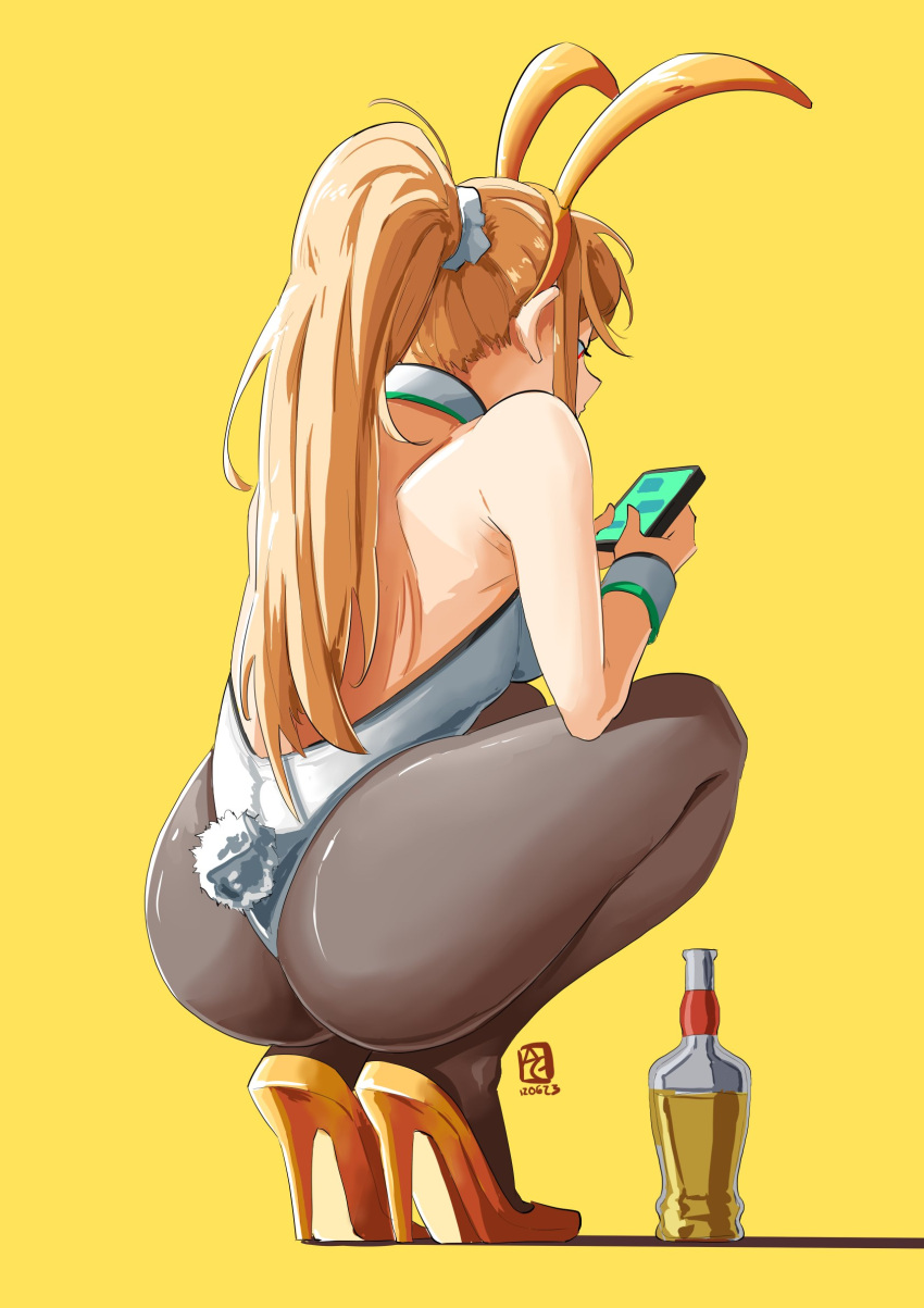 1girl animal_ears artist_logo ass automatic_giraffe bare_shoulders blonde_hair cellphone commentary dated english_commentary from_behind full_body hair_ornament hair_scrunchie high_heels highres holding holding_phone leotard long_hair looking_at_phone mythra_(xenoblade) orange_footwear pantyhose phone ponytail profile rabbit_ears rabbit_tail scrunchie simple_background solo squatting tail white_leotard wrist_cuffs xenoblade_chronicles_(series) xenoblade_chronicles_2 yellow_background