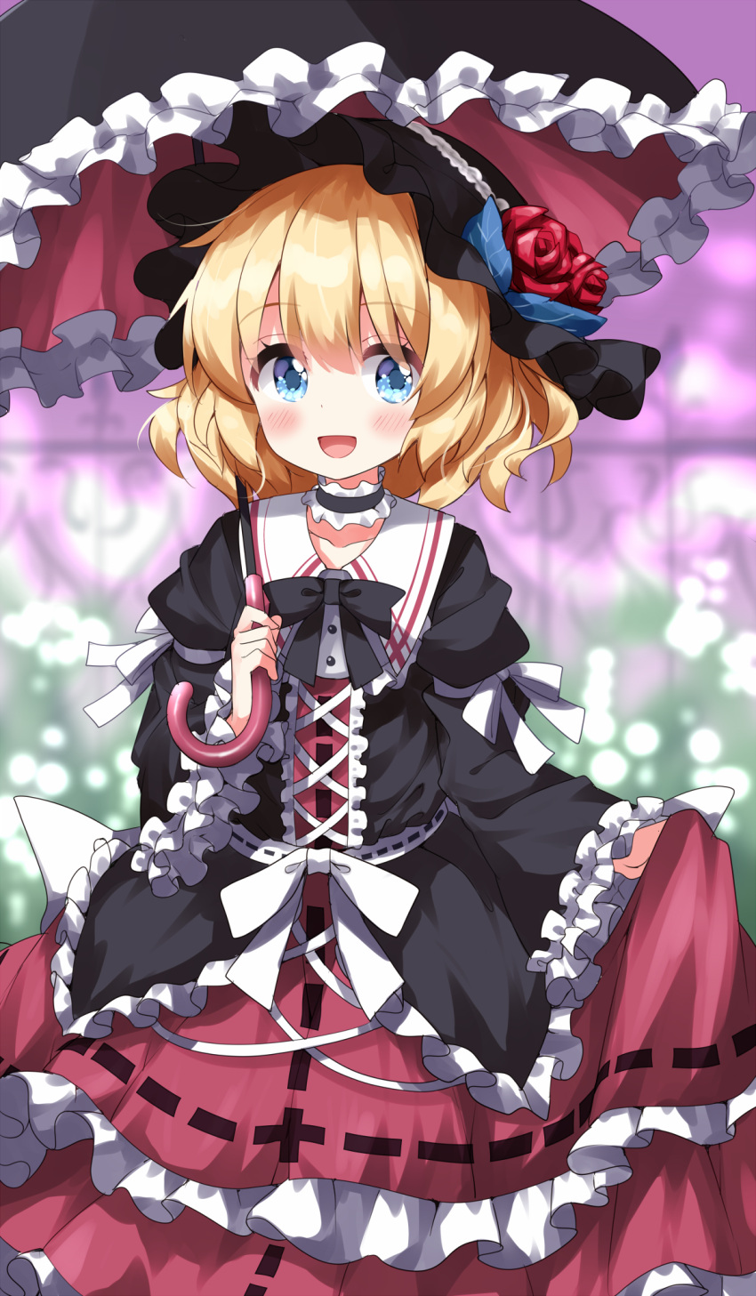 1girl alternate_costume black_bow black_umbrella blonde_hair blue_eyes blush bow commentary_request dress flower frilled_shirt frilled_shirt_collar frilled_sleeves frills gothic_lolita hairband highres holding holding_umbrella layered_dress lolita_fashion lolita_hairband long_sleeves medicine_melancholy open_mouth parasol puffy_long_sleeves puffy_sleeves red_dress ribbon rose ruu_(tksymkw) shirt short_hair skirt smile solo touhou umbrella wavy_hair