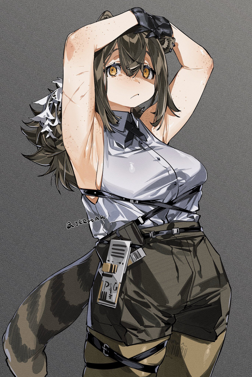 1girl animal_ears arknights armpits arms_up black_gloves breasts brown_hair brown_pantyhose collared_shirt freckles gloves grey_background hair_between_eyes high-waist_shorts highres ierotak looking_at_viewer medium_breasts orange_eyes pantyhose robin_(arknights) scar scar_on_arm shirt shorts simple_background sleeveless sleeveless_shirt solo tail twitter_username white_shirt