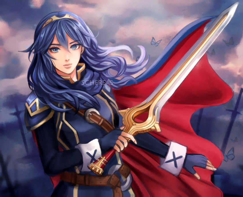 1girl artist_name blue_eyes blue_gloves blue_hair bug butterfly cape closed_mouth expressionless falchion_(fire_emblem) fingerless_gloves fire_emblem fire_emblem_awakening gloves hair_between_eyes highres holding holding_sword holding_weapon long_hair looking_at_viewer lucina_(fire_emblem) planted planted_sword schereas solo sword tiara upper_body weapon