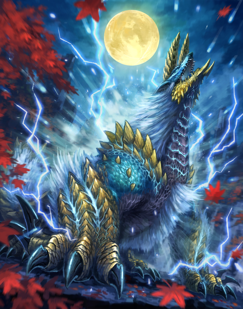 absurdres autumn_leaves blue_eyes blue_scales claws commentary_request electricity falling_leaves full_moon highres horns leaf maple_leaf monster monster_hunter_(series) moon nasuno_posi no_humans open_mouth sharp_teeth teeth yellow_scales zinogre