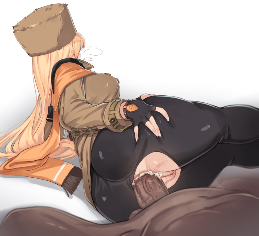 1boy 1girl anal ass black_gloves black_pantyhose blonde_hair brown_coat brown_headwear clothed_sex coat dark-skinned_male dark_skin facing_away fingerless_gloves fur_hat gloves guilty_gear guilty_gear_strive hand_on_own_ass hat hetero highres long_hair long_sleeves lying millia_rage mocomori on_side pantyhose penis pussy sex solo_focus torn_clothes torn_pantyhose uncensored