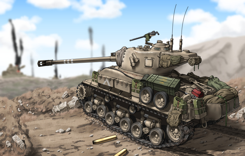 absurdres blue_sky blurry brown_bag browning_m1919 cloud crate depth_of_field dirt highres hitch_(perotoss) jerry_can m4_sherman military military_vehicle motor_vehicle no_humans original outdoors radio_antenna rock shell_casing sky smoke tank toolbox