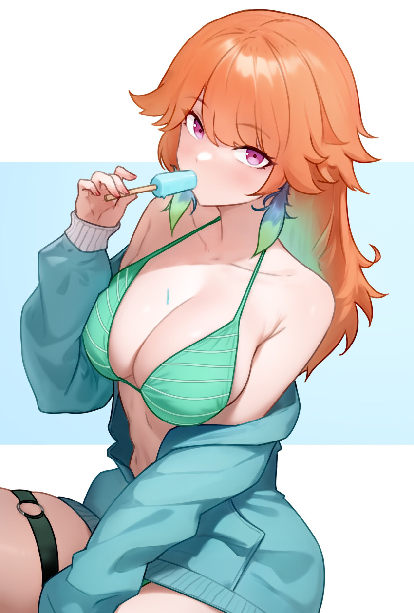 1girl absurdres aqua_bikini bikini blue_background blue_jacket bluefield breasts collarbone commentary eating fingernails food gradient_hair green_bikini green_hair highres holding holding_food holding_popsicle hololive hololive_english jacket large_breasts long_sleeves looking_at_viewer multicolored_hair official_alternate_costume orange_hair popsicle purple_eyes sitting solo striped_bikini striped_clothes swimsuit takanashi_kiara takanashi_kiara_(casual) thigh_strap thighs two-tone_background vertical-striped_bikini vertical-striped_clothes virtual_youtuber white_background