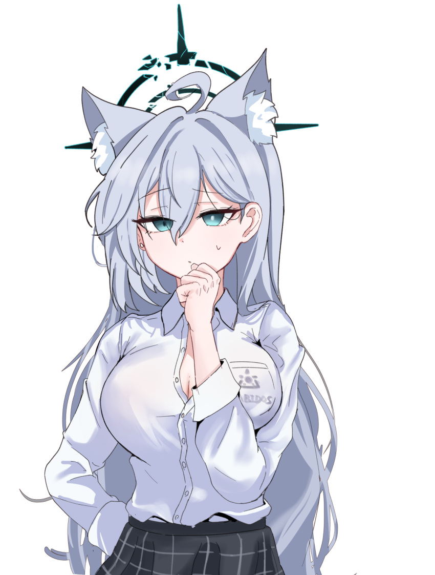 1girl ahoge animal_ear_fluff animal_ears black_skirt blue_archive blue_eyes blush breasts cleavage closed_mouth collarbone commentary_request dark_halo extra_ears grey_hair hair_between_eyes halo highres korean_commentary large_breasts long_hair long_sleeves looking_at_viewer mismatched_pupils pleated_skirt shiroko_(blue_archive) shiroko_terror_(blue_archive) shirt simple_background skirt skyrain315 solo white_background white_shirt wolf_ears