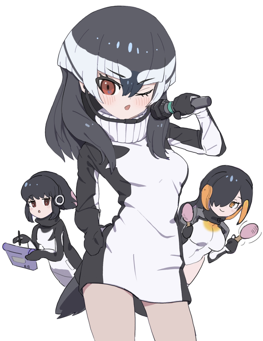 3girls adelie_penguin_(kemono_friends) black_hair chinstrap_penguin_(kemono_friends) gloves hair_over_one_eye highres hood hoodie kemono_friends king_penguin_(kemono_friends) kunikuni_(kunihiro2005) leotard long_hair looking_at_viewer microphone multiple_girls one_eye_closed penguin_girl penguin_tail red_eyes simple_background sweater tail