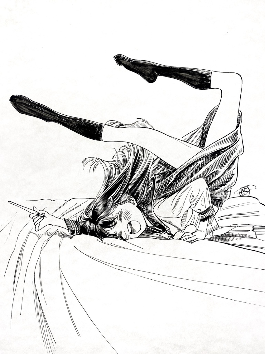 1girl akebi-chan_no_serafuku akebi_komichi blush closed_eyes commentary floating_hair greyscale happy hatching highres hiro_(dismaless) jumping_on_bed kneehighs long_hair long_sleeves monochrome nib_pen_(medium) nib_pen_(object) on_bed open_mouth pen sailor_collar school_uniform serafuku signature simple_background skirt socks solo teeth traditional_media upper_teeth_only