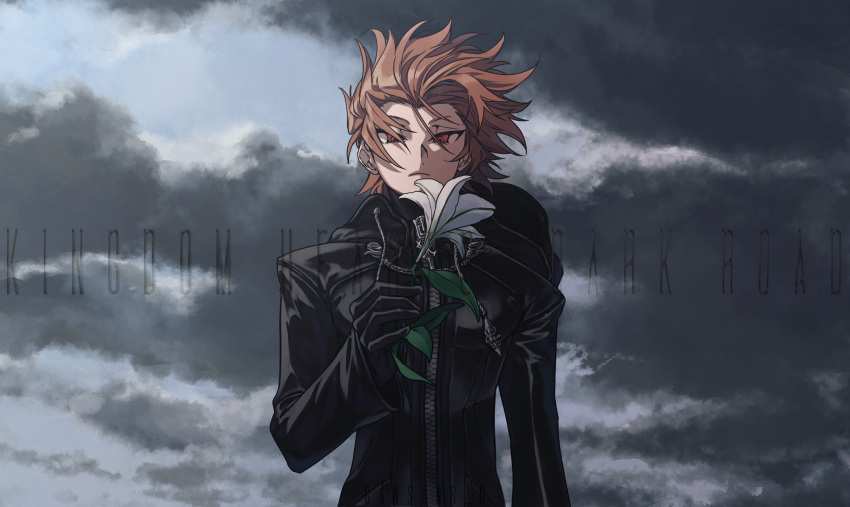 1boy absurdres black_coat black_coat_(kingdom_hearts) black_gloves blue_sky bragi_(kingdom_hearts) cloud cloudy_sky coat commentary copyright_name dark_clouds day easter_lily expressionless flower gloves hand_up highres holding holding_flower hood kingdom_hearts kingdom_hearts_dark_road long_coat long_sleeves looking_down male_focus orange_eyes orange_hair outdoors roku_(gansuns) sky solo symbol-only_commentary upper_body white_flower wind zipper