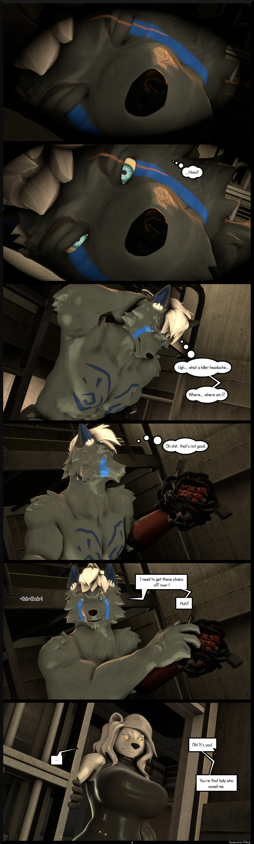2024 3d_(artwork) 5_fingers abs absurd_res anthro armwear athletic athletic_anthro athletic_male bear bed big_breasts black_nose blue_eyes blue_markings bodysuit breasts bunk_bed canid canine canis chain chained chest_markings clothed clothing comic dialogue digital_media_(artwork) duo english_text eyes_closed facial_markings female fingers fur furniture gloves grey_body grey_fur hair handwear head_markings hi_res humanoid_hands inside male mammal markings nataliya_(petruz) page_number petruz_(copyright) polar_bear prison_cell prisoner prosthetic prosthetic_arm prosthetic_limb reindeerviking skinsuit source_filmmaker speech_bubble teeth text theo_(lorekeeper_nate) thought_bubble thoughts tight_clothing topless topless_anthro topless_male ursine waking_up white_body white_fur white_hair wolf yellow_eyes