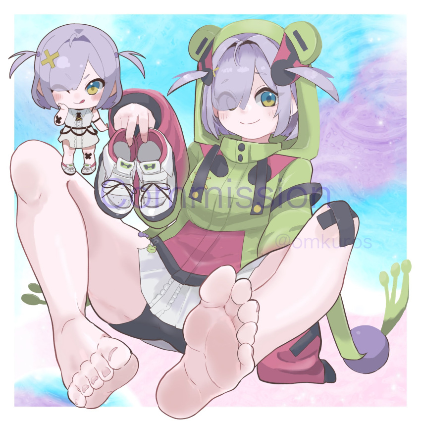 1girl bare_legs barefoot bike_shorts black_shorts blue_background blue_eyes blush character_request chibi chibi_inset closed_mouth commentary_request commission copyright_request dress feet foot_focus full_body green_hoodie grey_dress hair_intakes hair_over_one_eye hand_up highres holding holding_shoes hood hood_up hoodie knees_up legs long_sleeves looking_at_viewer medium_hair multiple_views omkuros one_eye_closed one_eye_covered parted_bangs purple_hair shoes short_dress shorts sidelocks skeb_commission sleeves_past_wrists smile sneakers soles toenails toes twitter_username two_side_up unworn_shoes virtual_youtuber watermark yellow_eyes