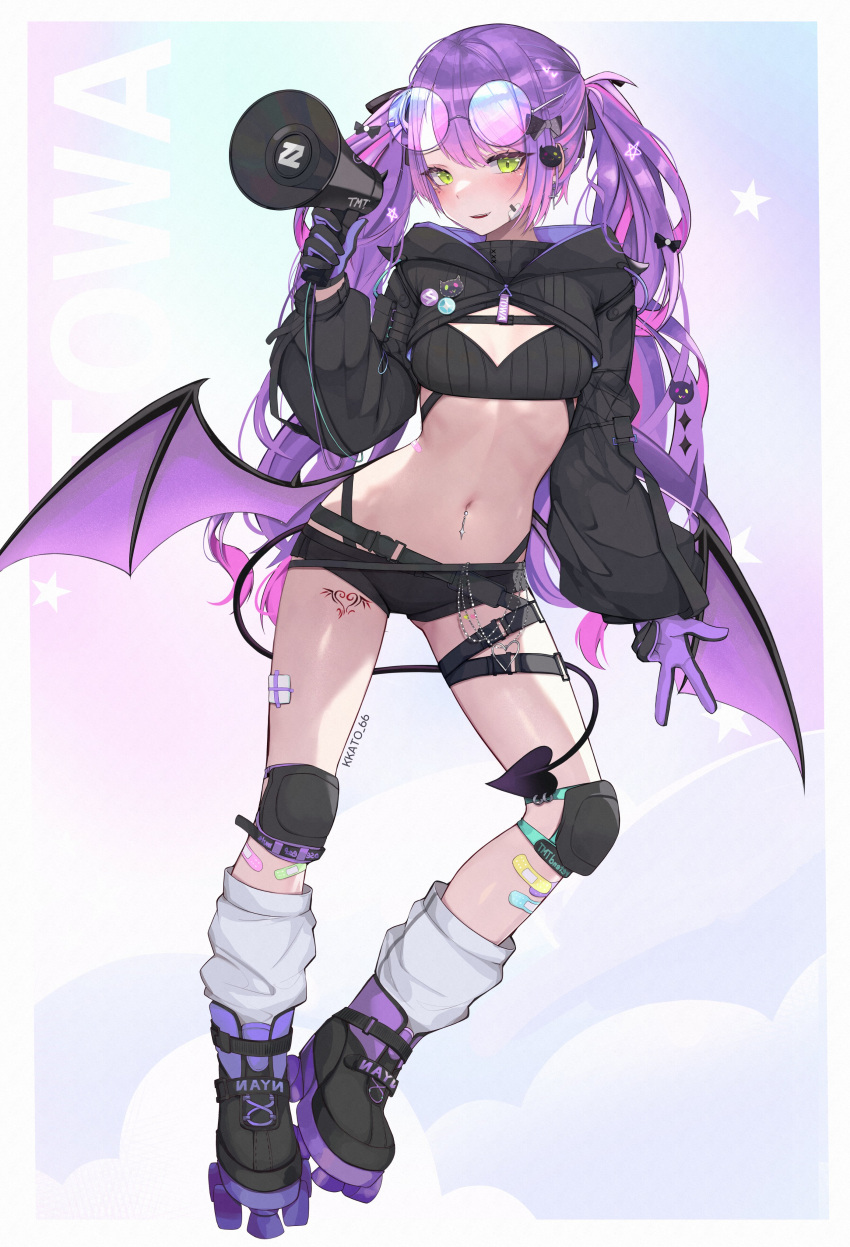 1girl absurdres bandaid bandaid_on_leg bat_wings belt blush braid cross cross_earrings demon_tail demon_wings ear_piercing earrings english_text engrish_text eyelashes eyewear_on_head fang gloves gradient_background green_eyes hair_between_eyes hair_ornament heart heart_tattoo highres holding holding_megaphone hololive jewelry kkato knee_pads light_smile long_hair long_sleeves low_twintails megaphone micro_shorts midriff multicolored_hair navel navel_piercing official_alternate_costume piercing puffy_long_sleeves puffy_sleeves purple_hair ranguage shorts shrug_(clothing) sidelocks single_braid skin_fang smile solo sunglasses tail tattoo thigh_pouch thigh_strap tokoyami_towa tokoyami_towa_(5th_costume) twintails two-tone_hair very_long_hair virtual_youtuber wings