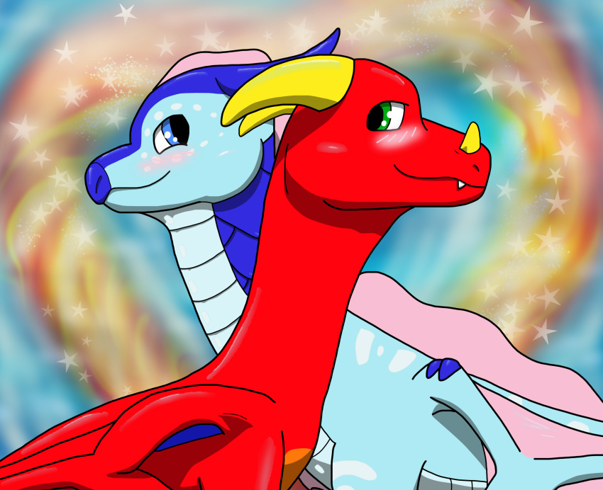 &lt;3 anemone_(wof) blue_body blush dragon duo erebus_(sacreddigital) eye_contact female feral hi_res horn looking_at_another male red_body romantic romantic_couple sacreddigital scalie seawing_(wof) star western_dragon wings wings_of_fire