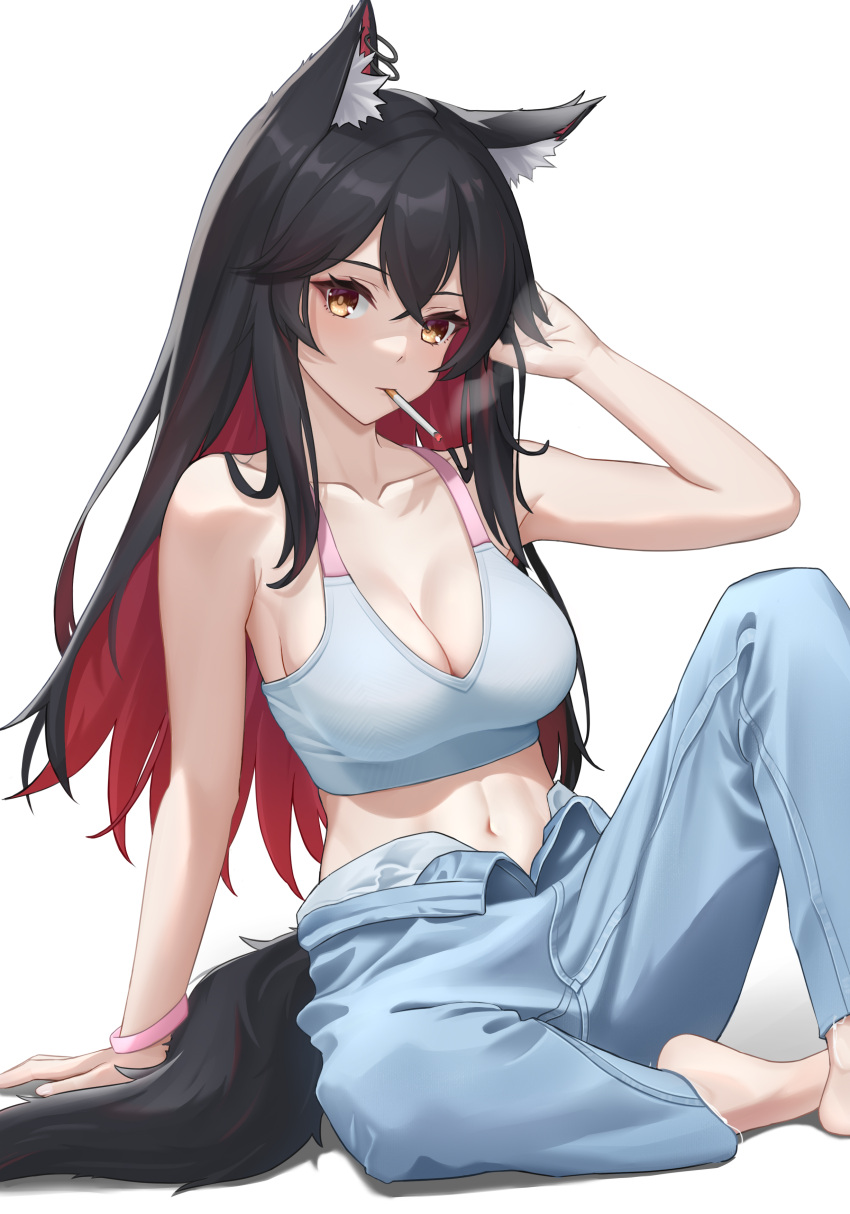 1girl absurdres animal_ear_fluff animal_ears arknights bare_arms bare_shoulders barefoot black_hair breasts brown_eyes cigarette cleavage closed_mouth collarbone commentary_request ear_piercing hair_between_eyes hand_in_own_hair hand_up highres long_hair medium_breasts mouth_hold multicolored_hair nixo_(gugunico) piercing red_hair shadow simple_background smoke smoking solo tail texas_(arknights) two-tone_hair very_long_hair white_background
