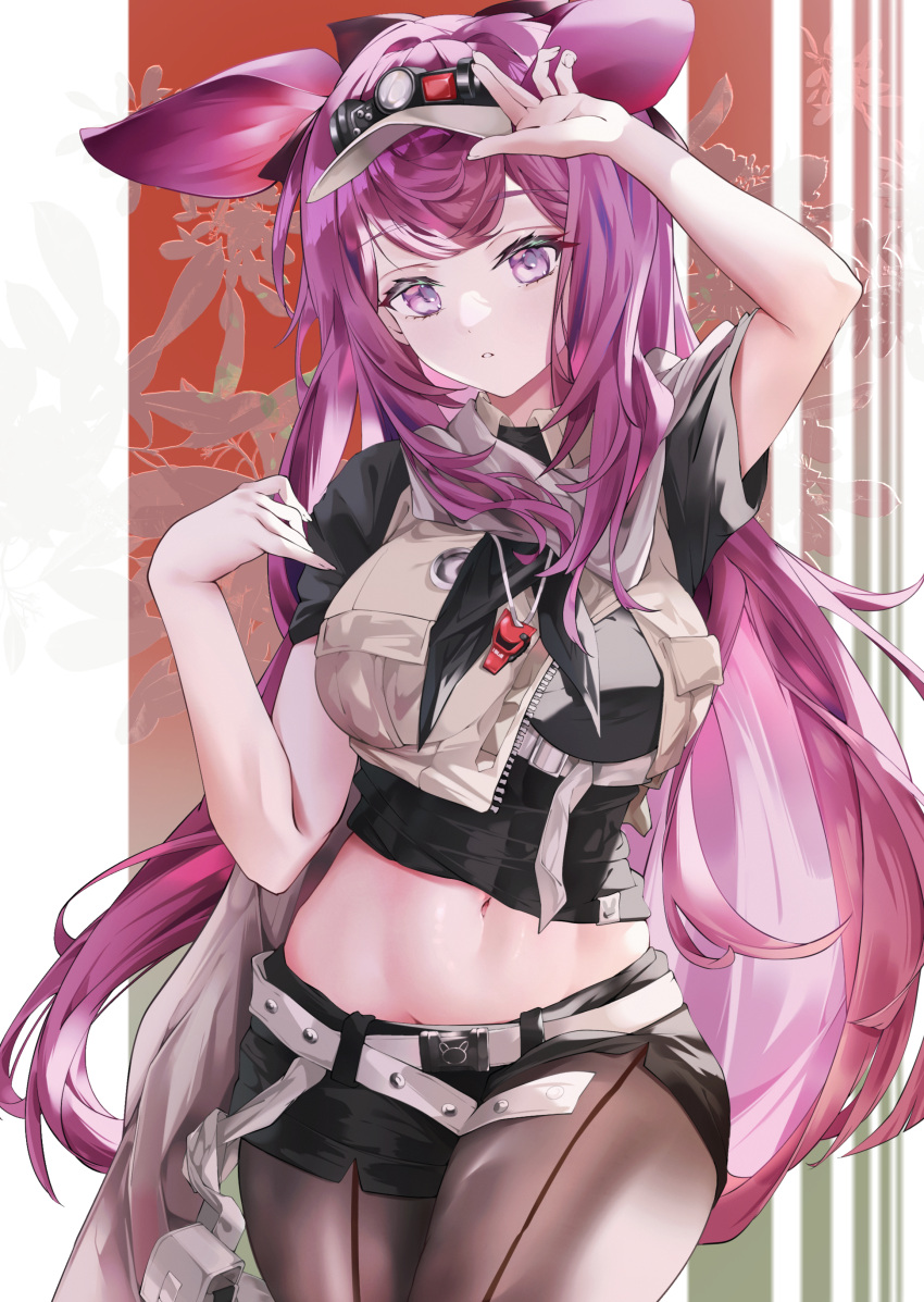 1girl absurdres animal_ears arknights arm_up black_shirt black_shorts breasts commentary_request cowboy_shot crop_top grey_pantyhose hand_up highres long_hair looking_at_viewer luridrumours medium_breasts midriff navel pantyhose pantyhose_under_shorts purple_eyes purple_hair rabbit_ears ray_(arknights) shirt short_shorts short_sleeves shorts solo standing stomach thighs very_long_hair visor_cap