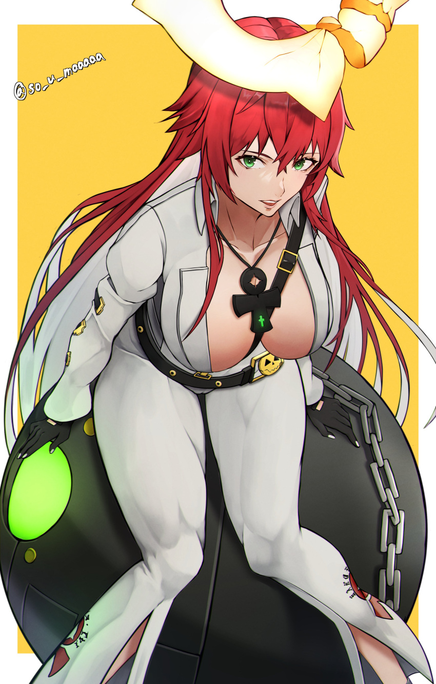 1girl absurdres ankh_necklace ankh_print ball_and_chain_restraint bell-bottoms black_gloves bodysuit breasts broken_halo cleavage collared_shirt colored_inner_hair compass_rose_halo dorpos fingerless_gloves front_slit gloves green_eyes guilty_gear guilty_gear_strive hair_between_eyes halo highres jack-o'_valentine large_breasts long_hair long_sleeves looking_at_viewer mature_female messy_hair multicolored_hair pants red_hair shirt skull_belt souma_(so_u_maaaaa) thick_thighs thighs two-tone_hair very_long_hair white_bodysuit white_hair white_shirt