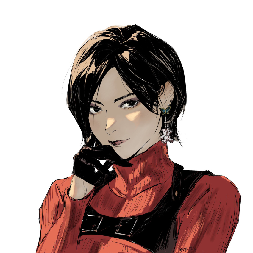 1girl ada_wong black_gloves black_hair blush brown_eyes chest_harness earrings fune_(nkjrs12) gloves half_gloves hand_on_own_face harness highres jewelry looking_at_viewer red_sweater resident_evil resident_evil_4 resident_evil_4_(remake) short_hair signature simple_background smile solo stud_earrings sweater turtleneck upper_body white_background