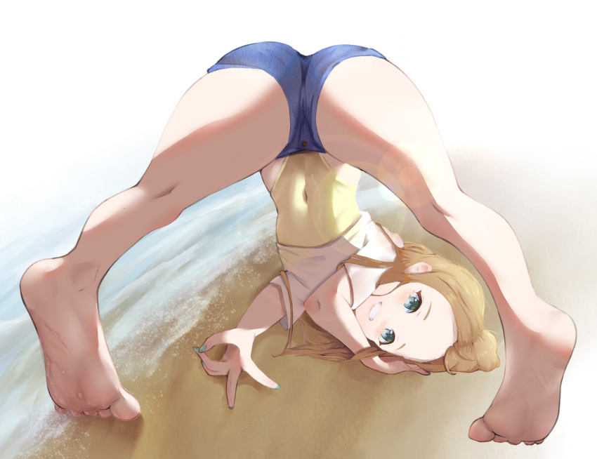 1girl aqua_eyes aqua_nails ass bare_legs barefoot beach blue_shorts borrowed_character brown_hair cameltoe covered_navel cropped_shirt feet forehead foreshortening from_behind highleg highleg_swimsuit highres idolmia legs long_hair looking_at_viewer one-piece_swimsuit original outdoors sasha_(haguhagu) shirt short_shorts shorts soles solo sweatdrop swimsuit swimsuit_under_clothes thighs toes top-down_bottom-up v white_background white_shirt yellow_one-piece_swimsuit