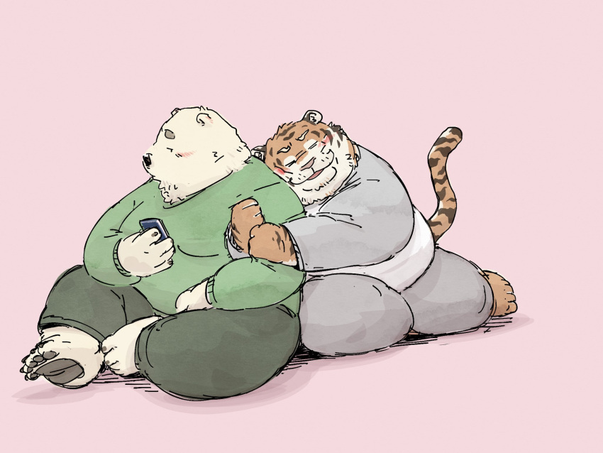 2024 anthro bear belly big_belly blush bottomwear clothing duo embrace eyes_closed felid hi_res hug kemono male mammal overweight overweight_male pantherine pants polar_bear pommn_mn shirt simple_background sitting tiger topwear ursine