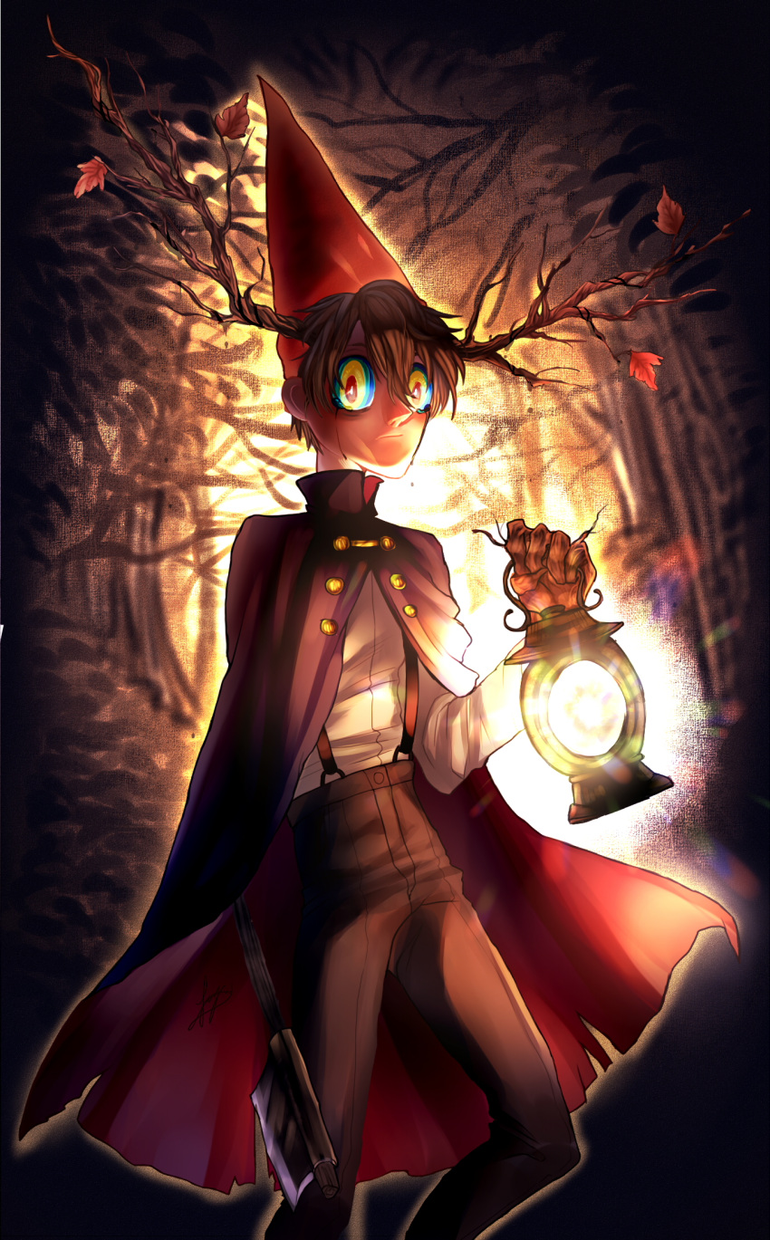 1boy antlers axe black_pants brown_hair cape crying crying_with_eyes_open forest hair_between_eyes hat highres holding holding_axe holding_lantern icy_icicle lantern leaking looking_at_viewer mixed-language_commentary multicolored_eyes nature outdoors over_the_garden_wall pants rainbow_eyes red_headwear shirt suspenders tears white_shirt wirt_(over_the_garden_wall)