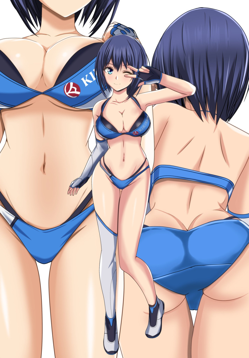 1girl ass bikini breasts cleavage dolphin_wave highres large_breasts midriff multiple_views one_eye_closed simple_background swimsuit tetsuado thick_thighs thighs tojou_michiru white_background