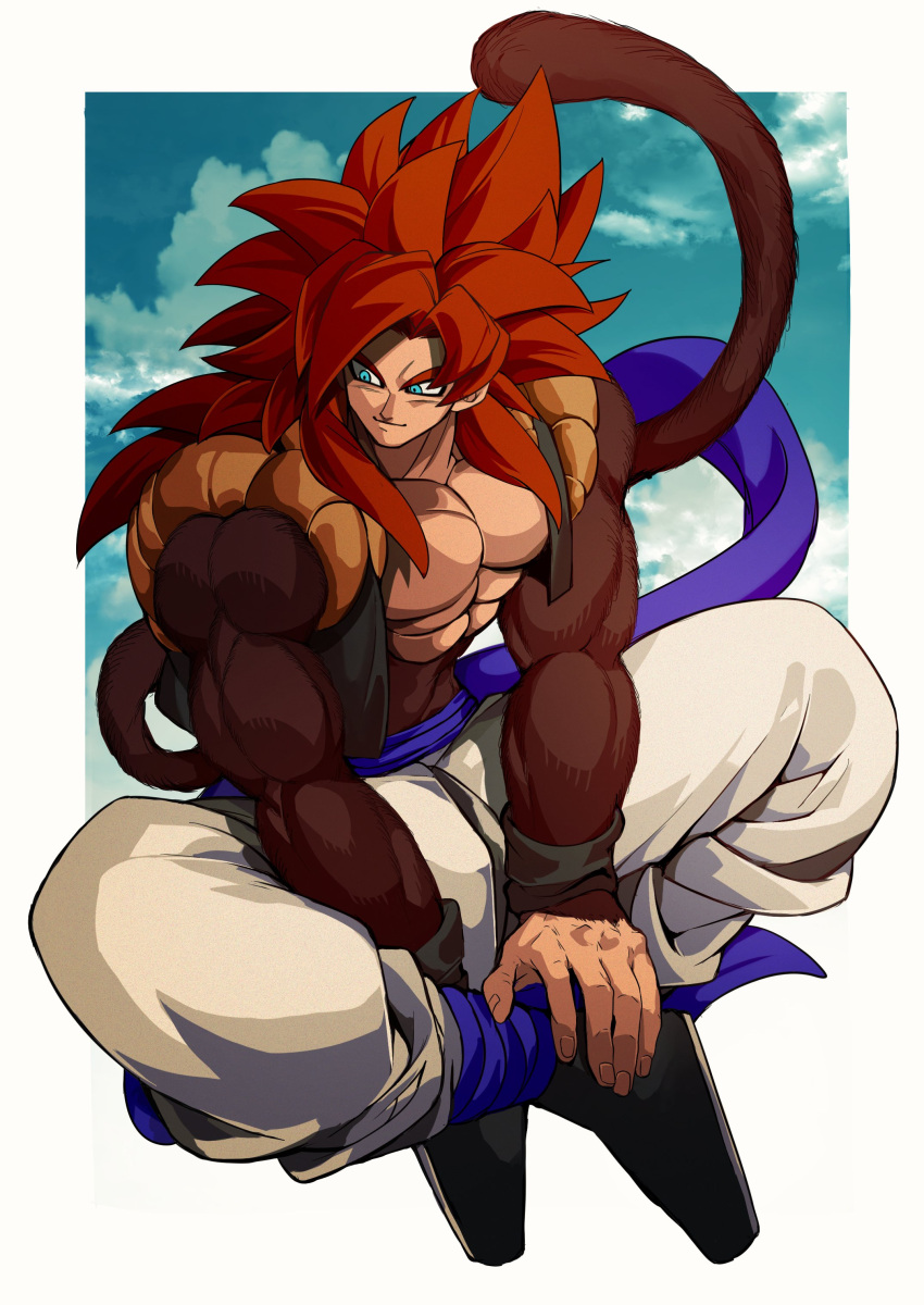 1boy abs absurdres biceps blue_eyes blue_sash body_fur closed_mouth dragon_ball dragon_ball_gt gigatan_d gogeta highres long_hair male_focus metamoran_vest monkey_boy monkey_tail muscular muscular_male no_nipples pants pectorals red_hair saiyan sash solo spiked_hair super_saiyan super_saiyan_4 tail white_pants