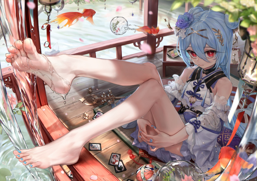 1girl aqua_nails asymmetrical_legwear bare_legs barefoot blue_dress blue_hair blush closed_mouth commentary commission detached_sleeves double_bun dress english_commentary eyelashes feet feet_up fish flower flying_fish foot_focus foreshortening full_body gold_trim goldfish hair_between_eyes hair_bun hair_flower hair_ornament highres hugging_own_legs knee_up knees_together_feet_apart leg_up legs long_hair long_sleeves looking_at_viewer mixed-language_commentary nail_polish original oriti4 outdoors own_hands_together qiya_(kia_098) red_eyes second-party_source sitting sleeveless sleeveless_dress soles solo toenail_polish toenails toes very_long_hair water wet wide_sleeves