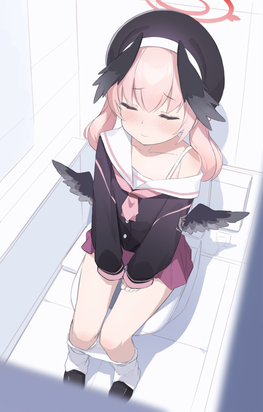 1girl absurdres black_headwear black_wings blue_archive closed_eyes commentary_request halo highres koharu_(blue_archive) pink_hair purple_skirt red_halo school_uniform serafuku shasha_(shasha159357) sitting skirt solo thighs toilet toilet_use wings