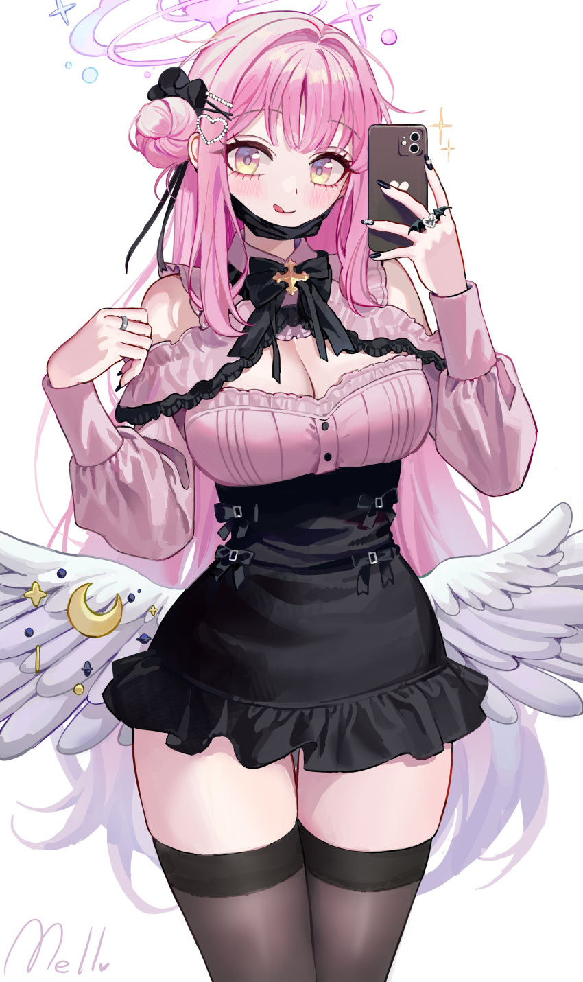 1girl absurdres angel_wings black_nails black_skirt black_thighhighs blue_archive blush breasts cellphone cleavage closed_mouth crescent crescent_pin feathered_wings fingernails hair_bun hair_ornament hairclip halo highres holding holding_phone large_breasts long_hair long_sleeves looking_at_viewer mell_(dmwe3537) mika_(blue_archive) nail_polish phone pink_hair pink_halo pink_shirt revision shirt signature simple_background single_side_bun skirt smartphone smile solo thighhighs tongue tongue_out white_background white_wings wings x_hair_ornament yellow_eyes