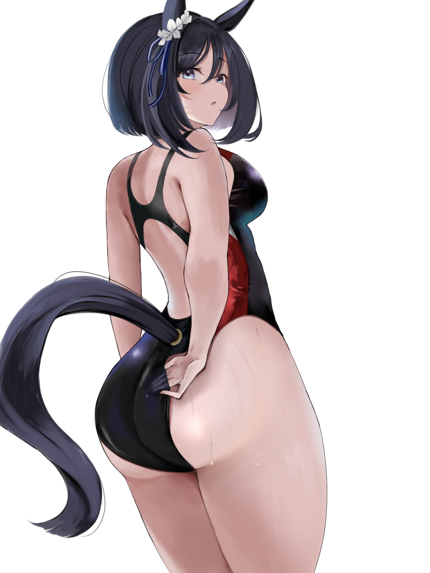 1girl absurdres adjusting_clothes adjusting_swimsuit animal_ears ass black_hair black_one-piece_swimsuit blue_eyes bob_cut breasts ear_scrunchie eishin_flash_(umamusume) from_behind hair_between_eyes highleg highres horse_ears horse_girl horse_tail looking_at_viewer looking_back one-piece_swimsuit scrunchie short_hair simple_background solo swept_bangs swimsuit tail two-tone_swimsuit umainu_2002 umamusume white_background white_scrunchie wide_hips