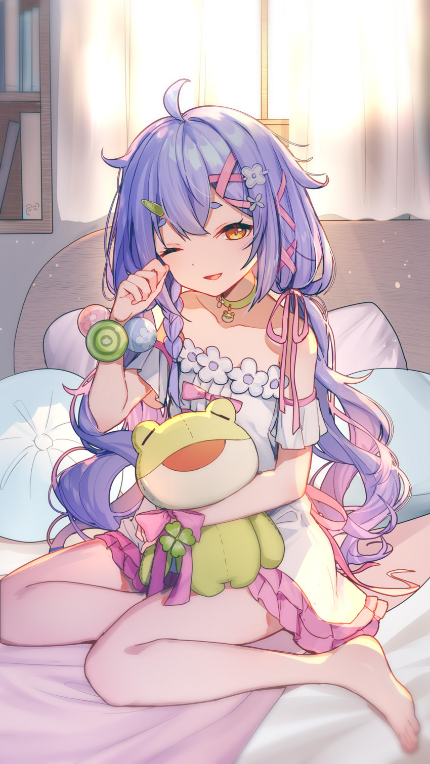 azusa_(vtuber) bison_cangshu dress hair_ribbon highres indoors long_hair nijisanji on_bed one_eye_closed open_mouth pink_ribbon purple_hair ribbon rubbing_eyes virtuareal waking_up yellow_eyes