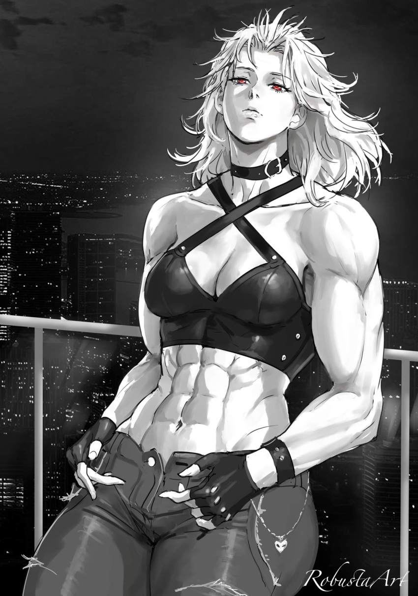 abs against_railing breasts choker cityscape cleavage denim dorohedoro fingerless_gloves gloves highres jeans leaning_back long_hair muscular muscular_female night night_sky noi_(dorohedoro) pants railing red_eyes robusta_mania sky tank_top white_hair