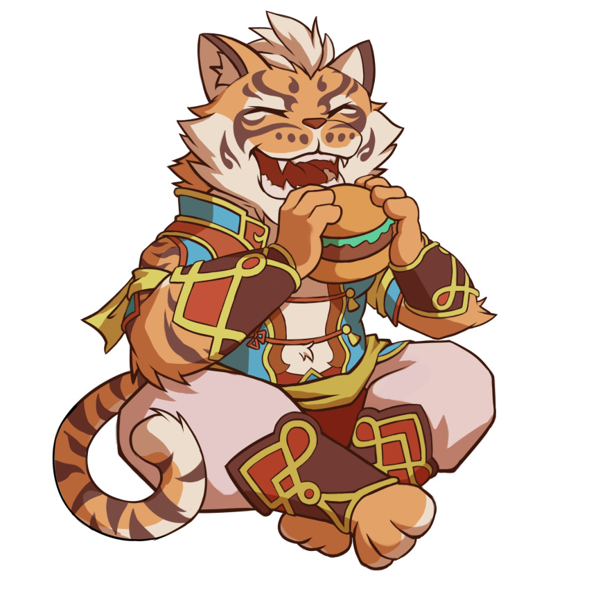 1boy animal_ears animal_feet animal_hands burger closed_eyes crossed_legs curb-chain eating fang food furry furry_male highres lin_hu_(nekojishi) nekojishi on_floor open_mouth tail tiger_boy tiger_ears