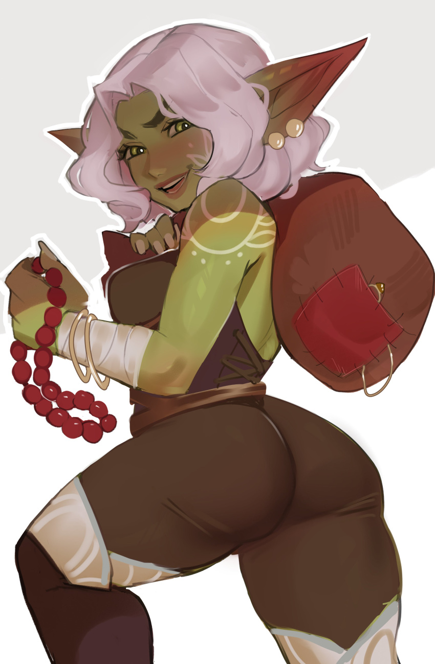 1girl absurdres ass bandaged_wrist bandages bare_shoulders blush bracelet breasts brown_pants brown_shirt colored_skin earrings female_goblin goblin green_eyes green_skin highres holding holding_sack jewelry large_breasts looking_at_viewer maewix_(artist) medium_hair open_mouth original pants pointy_ears sack shirt shortstack shoulder_tattoo simple_background sleeveless sleeveless_shirt smile solo tattoo teeth thief white_background white_hair