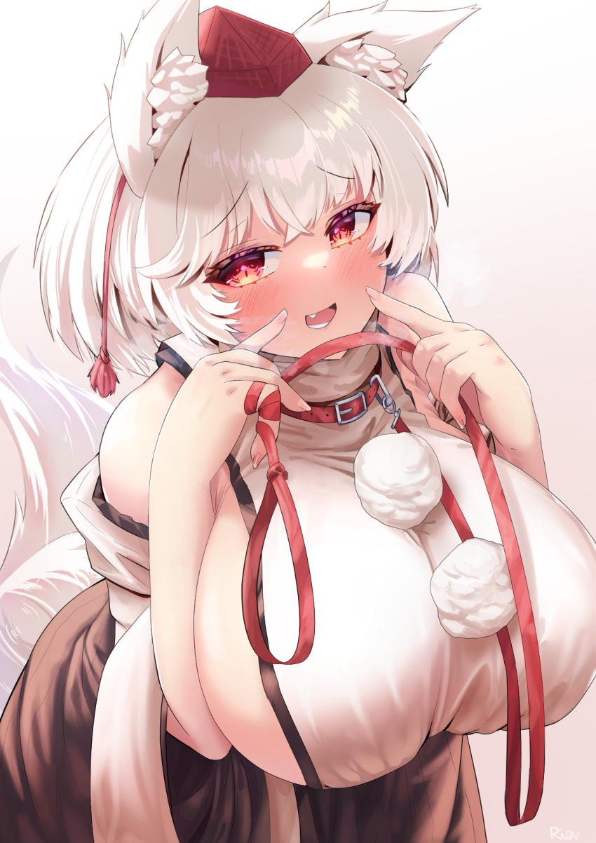 1girl animal_collar animal_ear_fluff animal_ears blush breasts collar commentary detached_sleeves english_commentary fang gradient_background hat heavy_breathing highres holding holding_leash huge_breasts inubashiri_momiji leash looking_at_viewer open_mouth pom_pom_(clothes) red_eyes red_headwear rion_(user_ufvg8527) shirt short_hair sideboob signature skirt sleeveless sleeveless_shirt smile tail tokin_hat touhou white_hair white_shirt wolf_ears wolf_girl wolf_tail