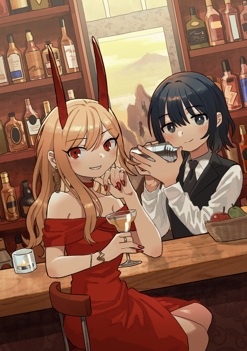 2girls absurdres alcohol alcohol_and_ogre-girls apple bar_(place) bare_shoulders bartender black_eyes black_hair black_suit blonde_hair bright_pupils closed_mouth cocktail_shaker commentary_request cup demon_girl demon_horns dress drinking_glass fingernails food fruit hands_up highres holding holding_cup horns ibuki_hinata indoors long_fingernails long_hair looking_at_viewer medium_hair multiple_girls nail_polish off-shoulder_dress off_shoulder original pear red_dress red_eyes red_nails shida_naori sitting smile suit white_pupils zinbei