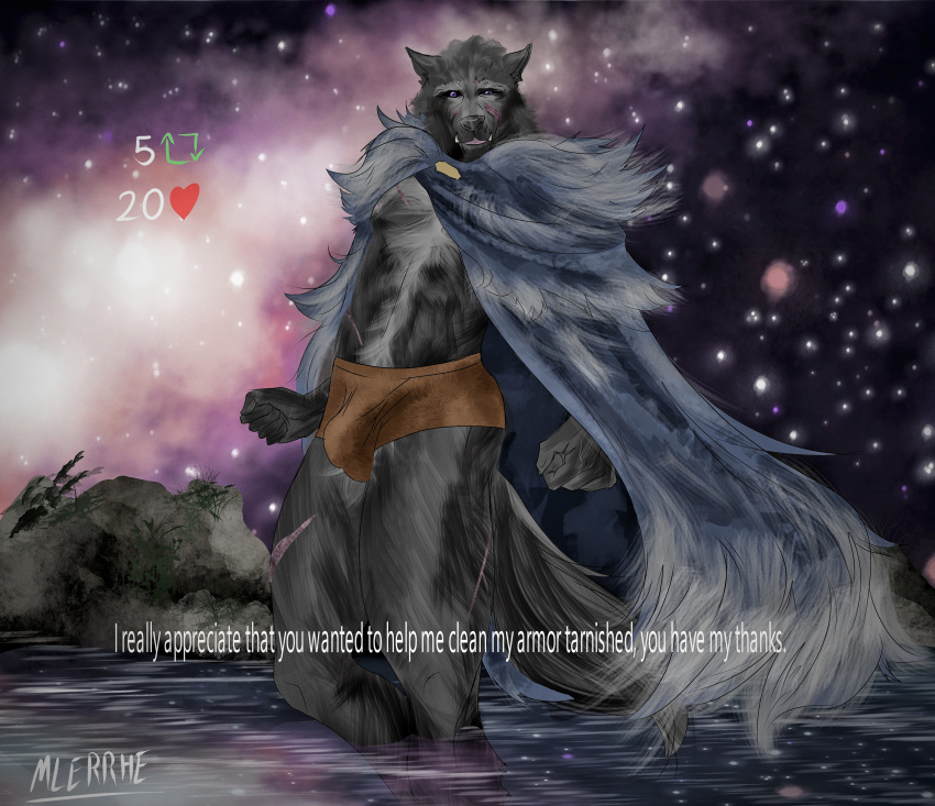 &lt;3 2023 abdominal_scar absurd_res anthro areola athletic athletic_anthro athletic_male biped black_nose black_sclera blaidd_(elden_ring) blue_cape bulge canid canine canis cape chest_scar clothing dialogue elden_ring english_text facial_scar fangs fist fluffy fluffy_fur fluffy_tail fromsoftware front_view fur grey_body grey_fur head_scar hi_res leg_scar looking_at_viewer male mammal milky_way mlerrhe night pink_areola plant purple_eyes red_clothing red_underwear retweet rock scar shallow_water signature sky snout snout_scar solo standing star tail teeth text underwear water wolf