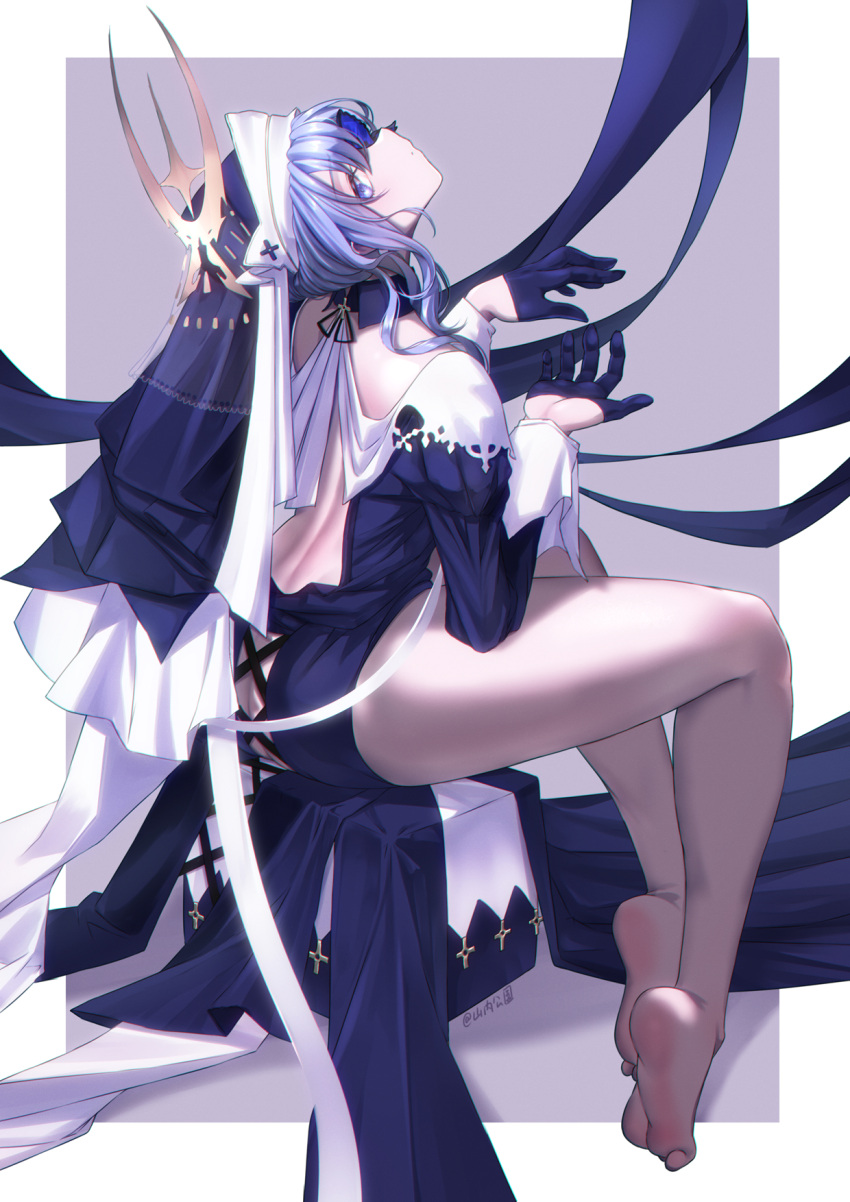 1girl arknights artist_name back_cutout bare_legs barefoot blue_dress blue_gloves border closed_mouth clothing_cutout dress eyelashes feet from_side full_body gloves habit hands_up head_back highres juliet_sleeves legs long_hair long_sleeves looking_at_viewer nun paid_reward_available puffy_sleeves purple_background purple_eyes purple_hair shadow sitting soles solo thighs toes whisperain_(arknights) white_border yamauchi_(conan-comy)