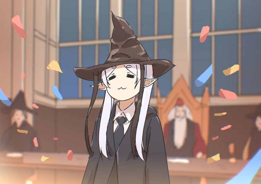 1girl :3 absurdres albus_dumbledore blurry blurry_background closed_eyes confetti crossover elf frieren harry_potter_(series) hat highres indoors kaai_yuu long_hair necktie pointy_ears solo_focus sorting_hat sousou_no_frieren trait_connection twintails white_hair witch_hat wizarding_world