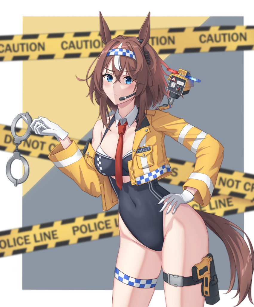 1girl absurdres animal_ears black_leotard blue_eyes breasts brown_hair camera caution_tape closed_mouth collar commentary_request covered_navel cropped_jacket cuffs detached_collar gloves grey_background groin hair_between_eyes hand_on_own_hip hand_up handcuffs headset highres horse_ears horse_girl horse_tail jacket leotard long_hair long_sleeves looking_at_viewer medium_breasts multicolored_hair necktie nixo_(gugunico) off_shoulder open_clothes open_jacket original police police_uniform policewoman red_necktie solo standing streaked_hair tail two-tone_background umamusume uniform white_background white_collar white_gloves white_hair wing_collar yellow_background yellow_jacket