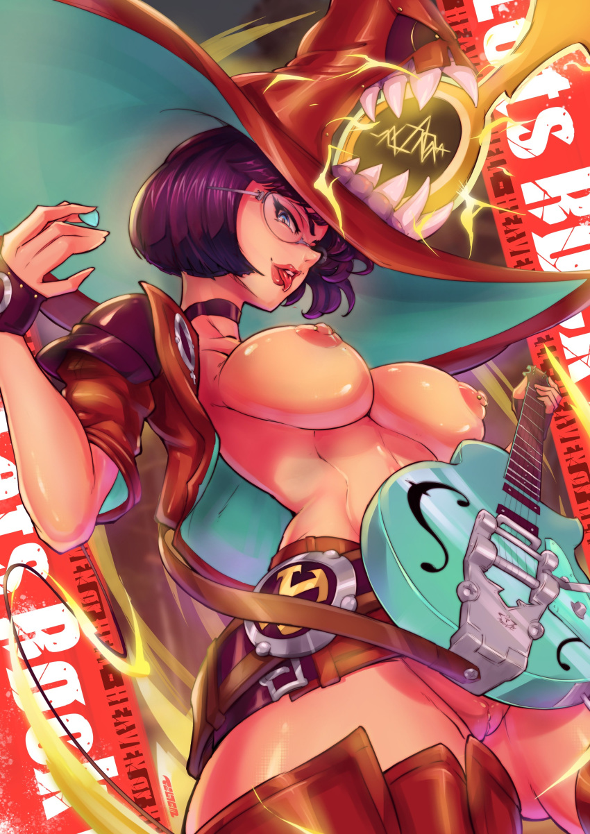 1girl :p absurdres black_choker black_hair boots breasts choker electric_guitar fingerless_gloves gloves green_eyes guilty_gear guilty_gear_strive guitar hat highres i-no instrument large_breasts looking_at_viewer mole mole_above_mouth nipples pussy red_footwear red_headwear red_leather red_lips short_hair sunglasses telrem thigh_boots tinted_eyewear tongue tongue_out venus_symbol witch_hat