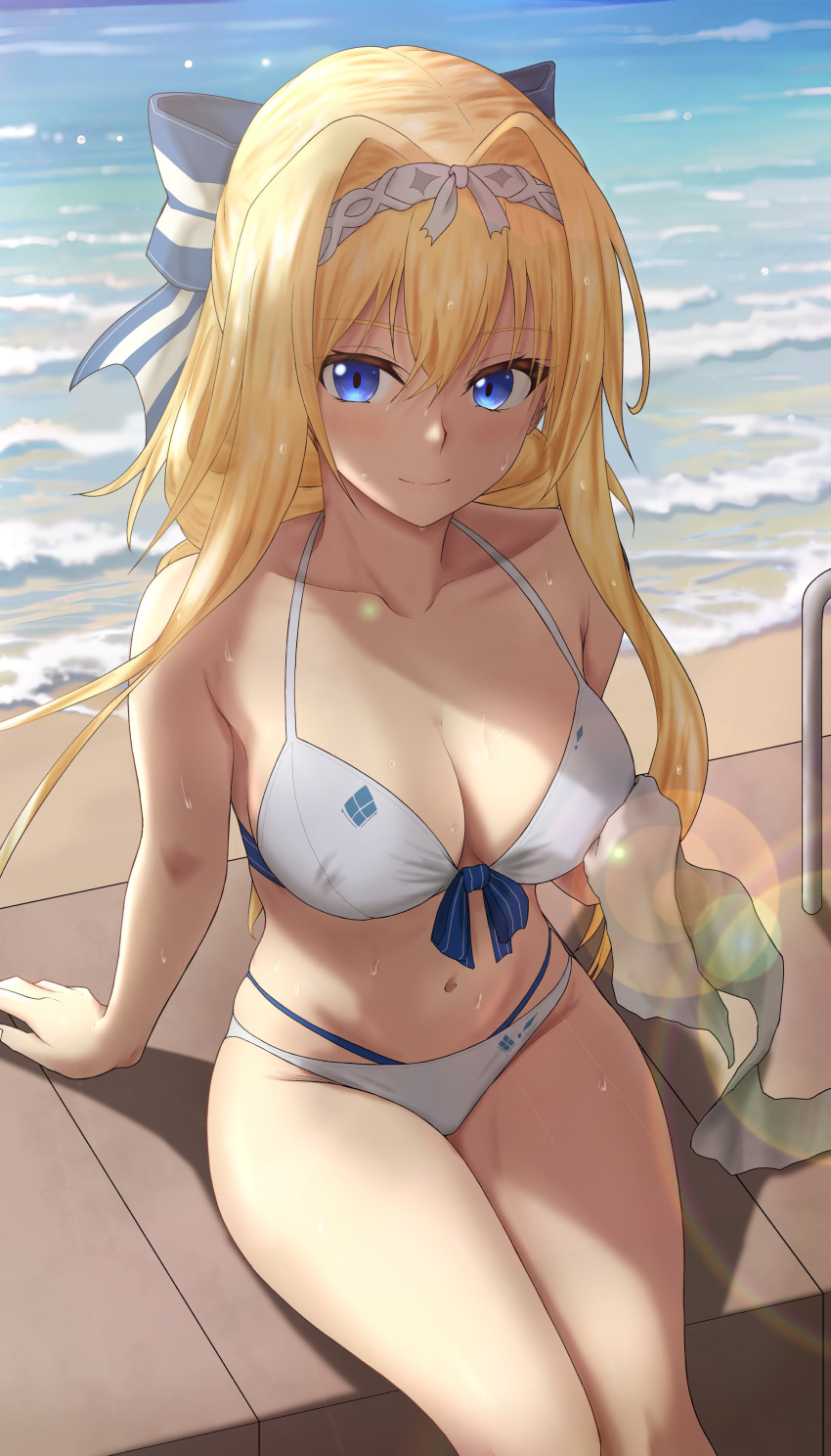 1girl absurdres alice_zuberg bare_shoulders beach blonde_hair blue_eyes breasts cleavage commentary_request feet_out_of_frame grey_hairband hairband highres large_breasts long_hair looking_at_viewer navel sigure_yusyo smile solo standing stomach sword_art_online thighs very_long_hair water