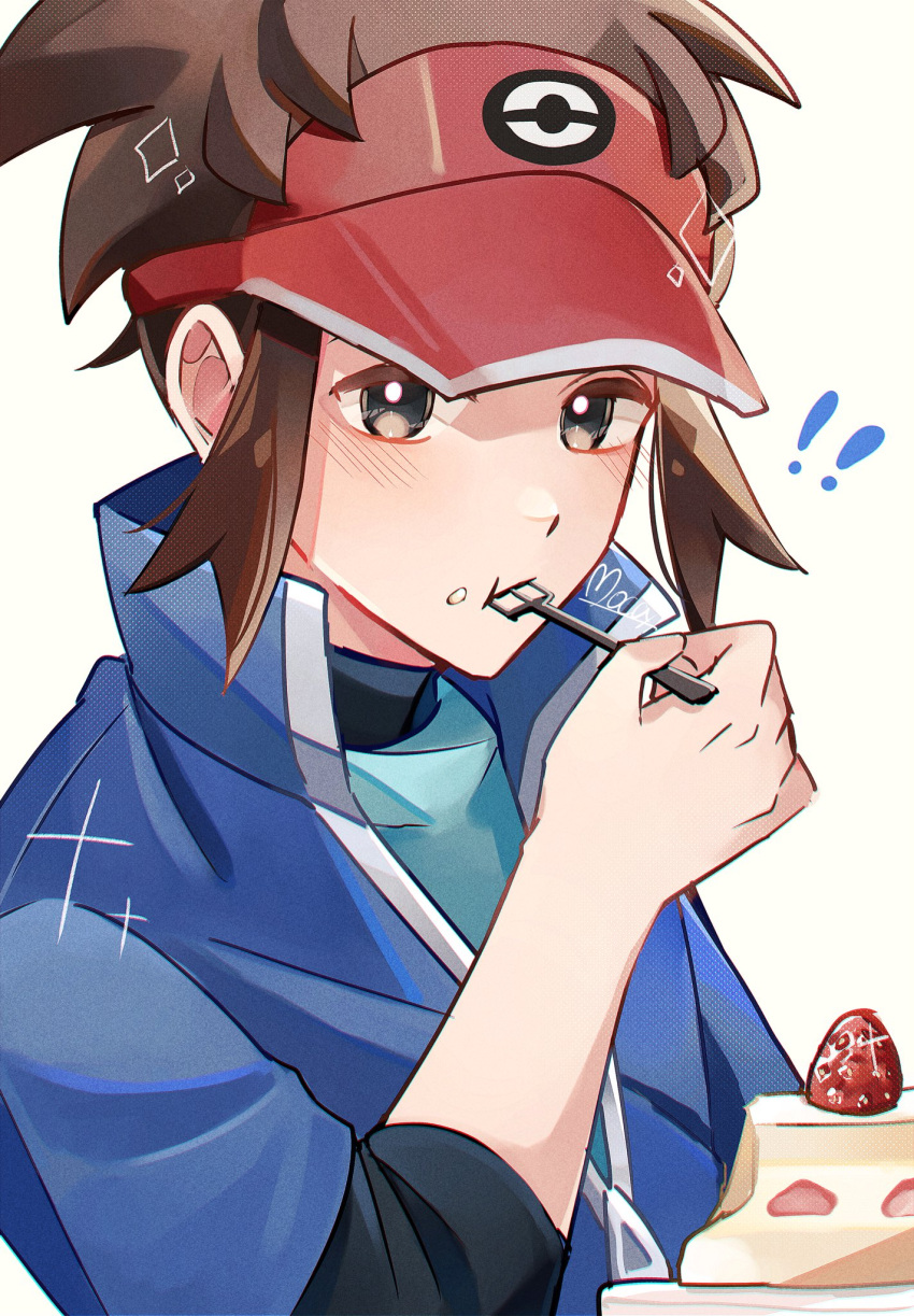 ! !! 1boy blue_jacket bodysuit bodysuit_under_clothes bright_pupils brown_eyes brown_hair cake closed_mouth commentary_request eating food food_on_face fork fruit hand_up highres holding holding_fork jacket male_focus mocacoffee_1001 nate_(pokemon) pokemon pokemon_bw2 red_headwear short_hair signature solo sparkle strawberry upper_body visor_cap white_background white_pupils