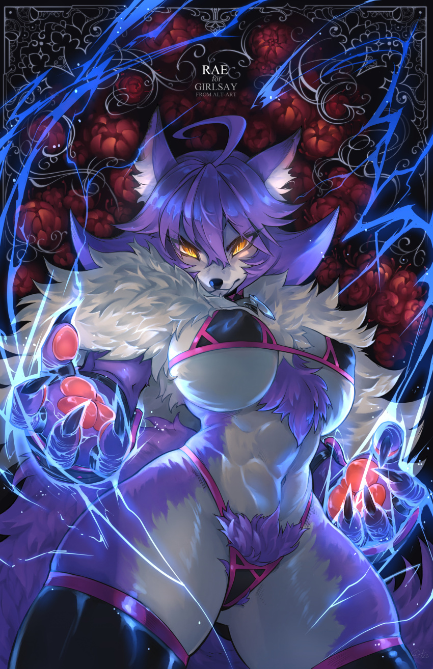 abs absurd_res anthro big_breasts bra breasts canid canine canis chest_fur clothing electricity female fur hair handpaw hi_res legwear mammal neck_tuft nipple_outline noorami pattern_background paws pubes purple_body purple_fur purple_hair rae_(girlsay) simple_background solo thick_thighs thigh_highs tuft underwear white_body white_fur wide_hips wolf yellow_eyes