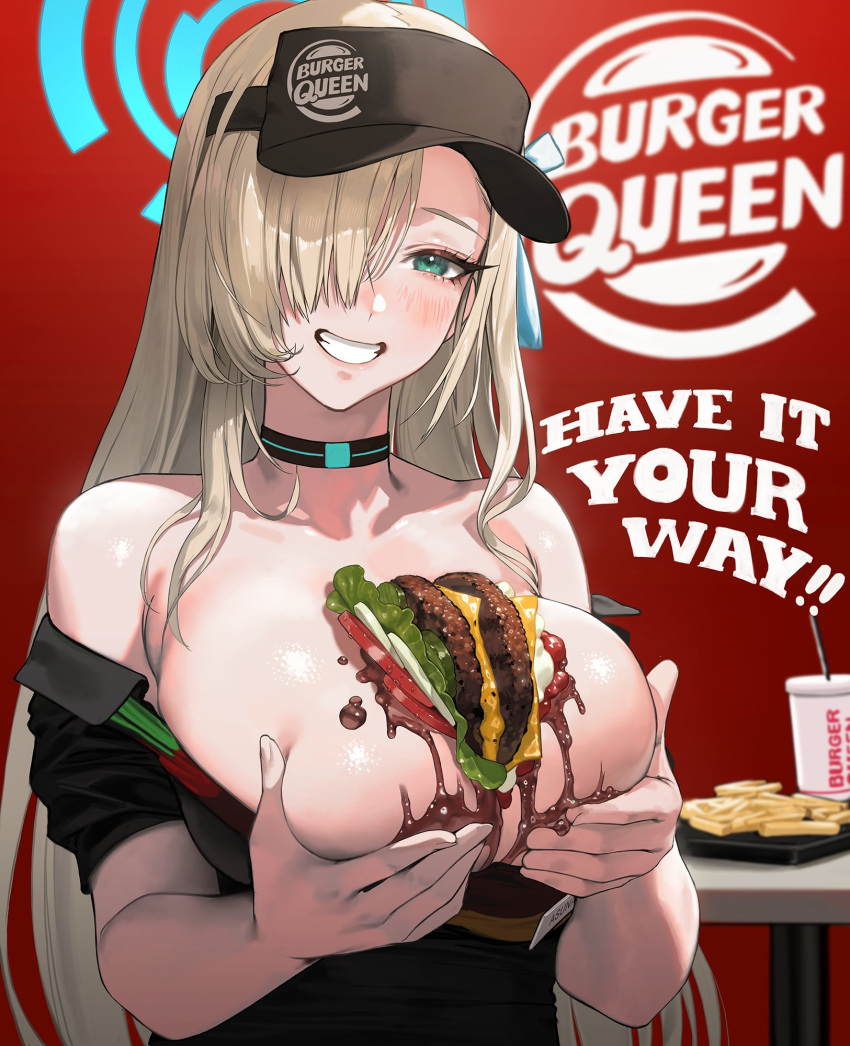 1girl alternate_costume aqua_eyes asuna_(blue_archive) bare_shoulders black_choker black_headwear black_shirt blue_archive blue_eyes blue_halo blue_ribbon blush brand_name_imitation breasts burger burger_king choker cup drinking_straw employee_uniform english_text food food_between_breasts french_fries grin hair_over_one_eye hair_ribbon halo highres large_breasts light_brown_hair logo_parody long_hair looking_at_viewer off_shoulder parody presenting_breasts red_background ribbon shiny_skin shirt short_sleeves simple_background smile solo table teeth uniform upper_body visor_cap zig90