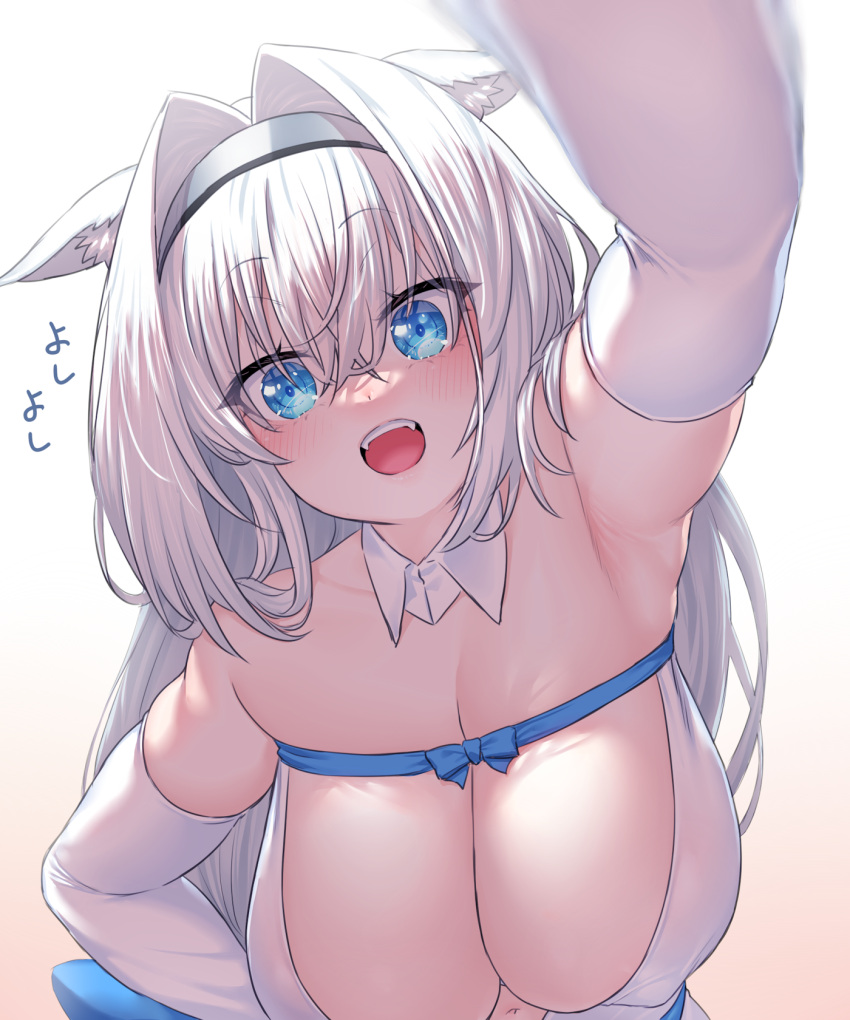 1girl animal_ear_fluff animal_ears arm_up armpits bare_shoulders blue_bow blue_eyes blue_ribbon blush bow breasts cat_ears cat_girl cleavage detached_collar detached_sleeves dobrynya_nikitich_(fate) dobrynya_nikitich_(second_ascension)_(fate) dress fate/grand_order fate_(series) hair_bow hairband highres large_breasts long_hair looking_at_viewer onsoku_inu open_mouth ribbon smile solo white_dress white_hair