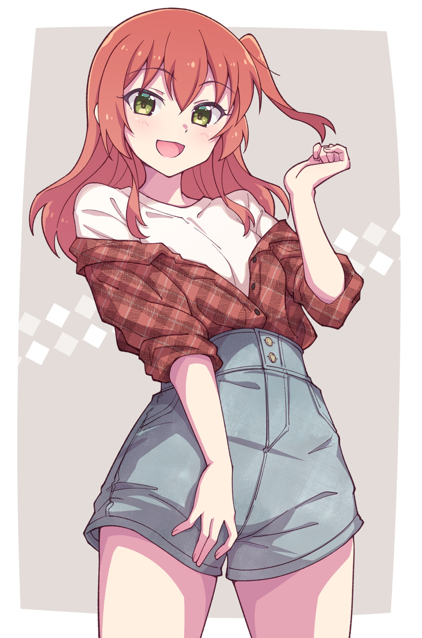 1girl :d absurdres blush bocchi_the_rock! collared_shirt denim denim_shorts dress_shirt e20 green_eyes grey_background grey_shorts hair_between_eyes hand_up highres kita_ikuyo looking_at_viewer off_shoulder one_side_up open_clothes open_shirt plaid plaid_shirt puffy_short_sleeves puffy_sleeves red_hair red_shirt shirt short_shorts short_sleeves shorts smile solo standing two-tone_background white_background white_shirt